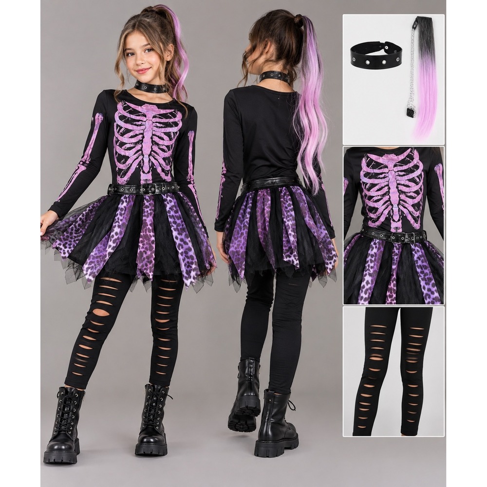 Spirit Halloween Girls Punk Skeleton Costume Purple Leopard Medium 8-10 4pc Set